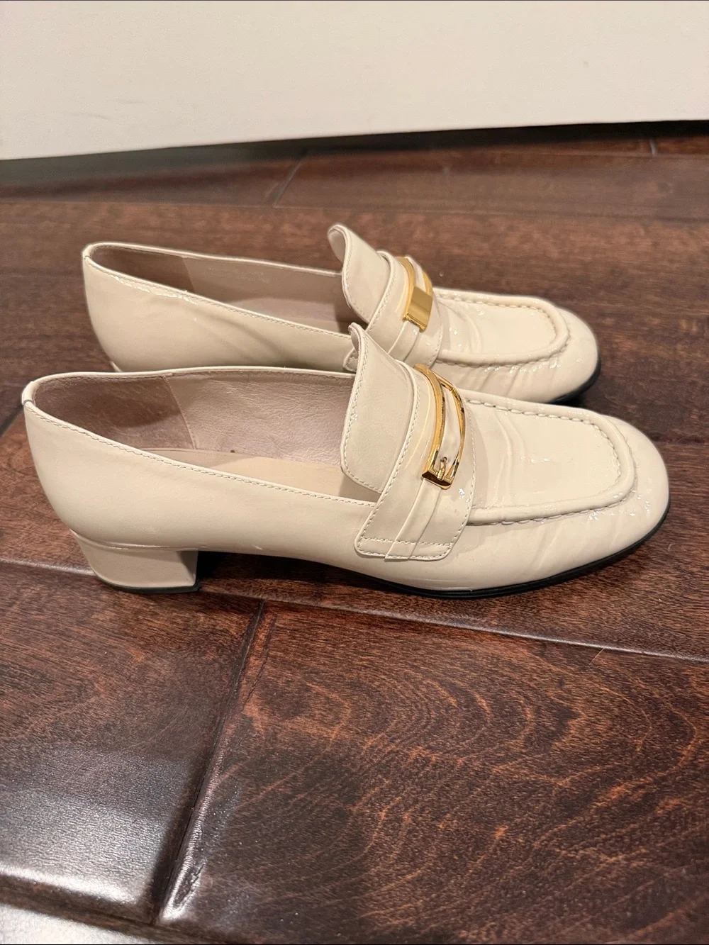 Jeffrey Campbell Cream Patent Loafers with Gold Detail